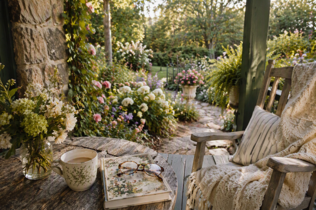 Cup of Coffee and Book on table in the garden